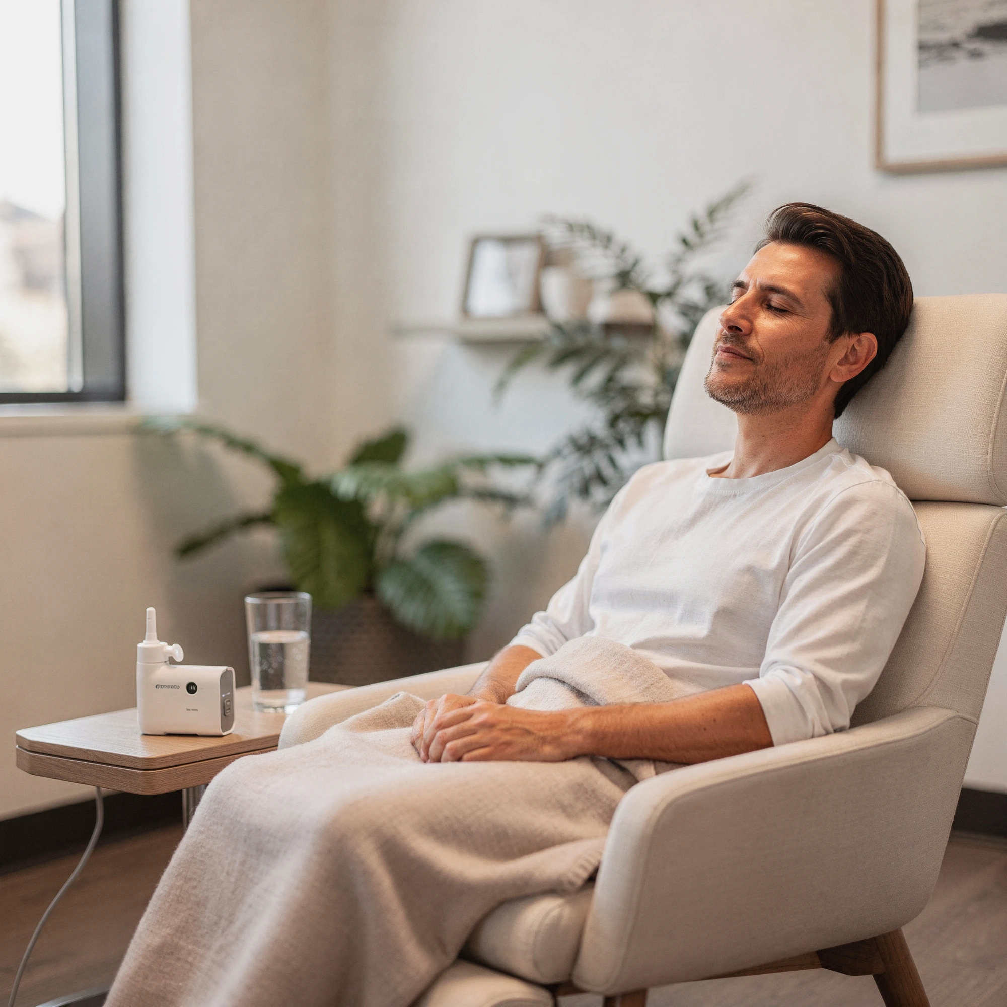 Patient receiving Spravato treatment in a comfortable clinic chair with nasal spray device on nearby table